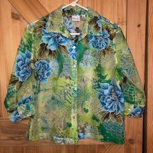 Floral Green and Blue Sheer Button-Up Blouse Size PM